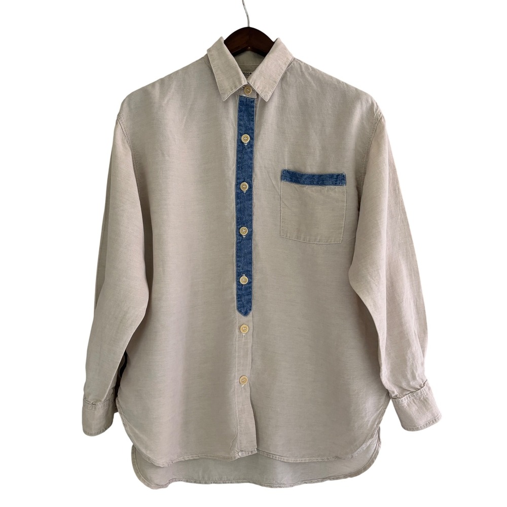 Democracy Womens L Tencel Linen Shirt Denim Trim Button Up Boho Coastal USA